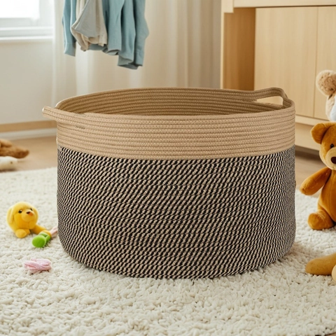 Scandinavische Gevlochten Katoenen Touw Wasmand Opvouwbare Tweekleurige Opbergmand Voor Kleding Speelgoed Huishoudelijke Organisator