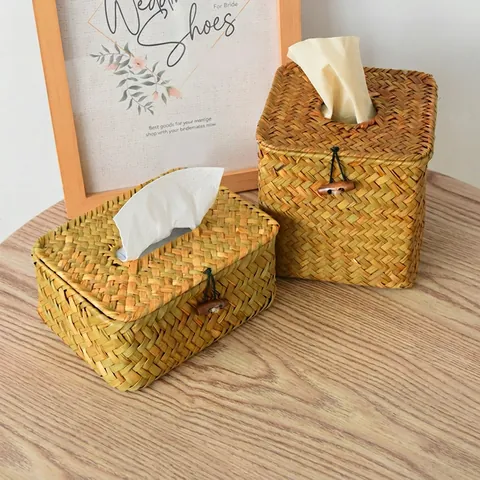 Scatola di Fazzoletti in Paglia Intrecciata a Mano Porta Carta Naturale Rettangolare Quadrato Organizzatore con Bottone in Legno Arredo Casa