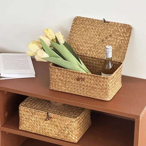 Cesto Portaoggetti in Erba Marina Intrecciato a Mano Con Coperchio Decorazione Orsetto Peluche Scatola Organizer Casa