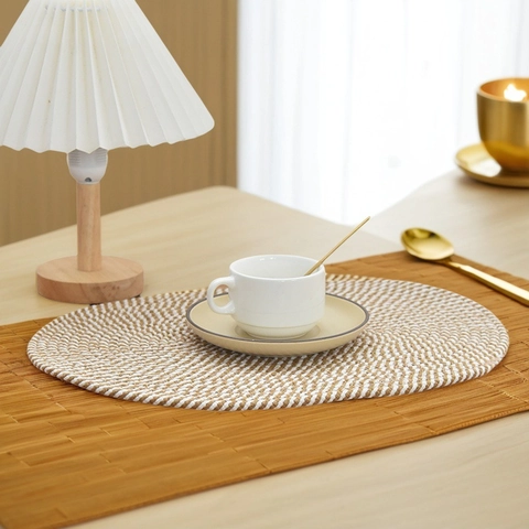 Nordic Handgeweven Katoenen Placemat Ovaal Spiraalpatroon Warmte Geïsoleerd Anti Brandwonden Tafelmat Voor Huis Keuken Dineren