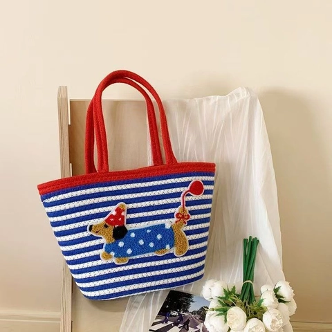 Damen Gewebte Baumwolle Gestreifte Tote Bag Große Kapazität Süßer Cartoon Hund Bestickter Aufnäher Handtasche Lässige Strandtasche