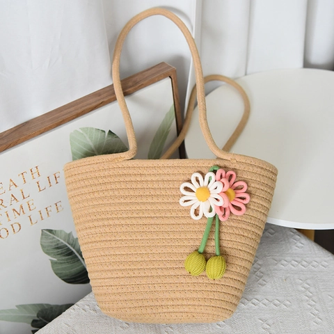 Women Woven Tote Bag With Handcrafted Floral Decoration Summer Beach Vacation Straw Look Polyester Shoulder Bag Handbag
