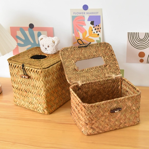 Portafazzoletti in Paglia Intrecciata a Mano Con Decorazione Orsetto di Peluche Chiusura Bottone in Legno Pastorale Quadrato Rettangolare