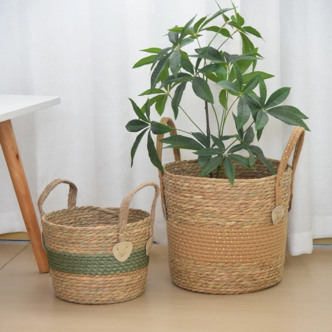 Vaso da Fiori in Paglia Intrecciato a Mano Cesto Semplice Moderno Patchwork Portaoggetti per Piante da Interno Balcone Casa Decorazione