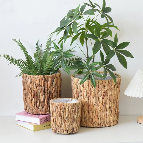 Cesta de Paja de Jacinto de Agua Tejida a Mano Maceta Cubierta de Planta de Interior Con Revestimiento Plástico Decoración de Hogar