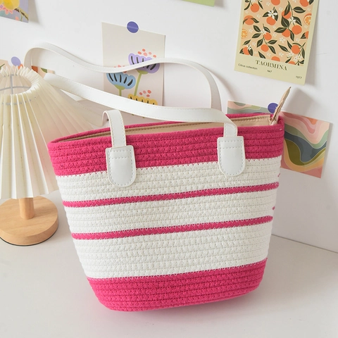 Bolso Tote Tejido de Cuerda de Algodón de Gran Capacidad para Mujer Empalme a Rayas Bolso de Hombro Casual Seaside Vacaciones Playa Bolso de Mano Con Cremallera