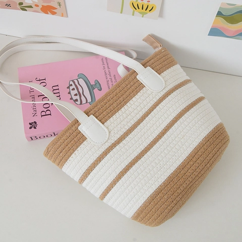 Bolso Tote Tejido de Cuerda de Algodón de Gran Capacidad para Mujer Empalme a Rayas Bolso de Hombro Casual Seaside Vacaciones Playa Bolso de Mano Con Cremallera