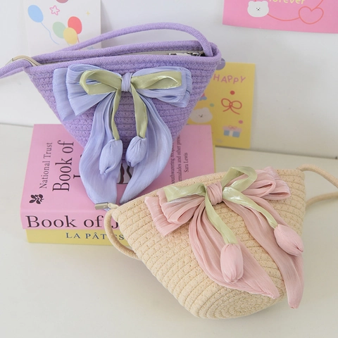 Borsa a Tracolla da Donna in Corda di Cotone Intrecciata Dolce Decorazione Fiocco Tulipano Borsa a Secchiello Mare Vacanza
