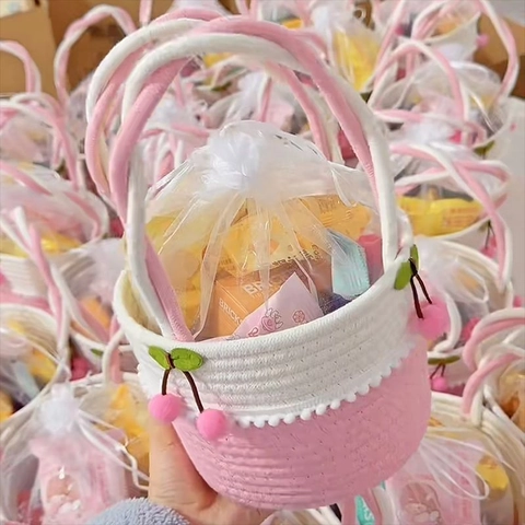 Handgeweven Katoenen Touw Opbergmand Met Kers Pompon Decoratie Draagbare Kleine Handtas Voor Verjaardag Baby Cadeau