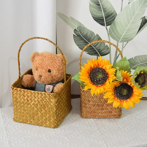 Cesto di Fiori in Vimini Intrecciato a Mano Con Manico Cesto Quadrato in Salice Naturale per Decorazioni Casa Matrimonio