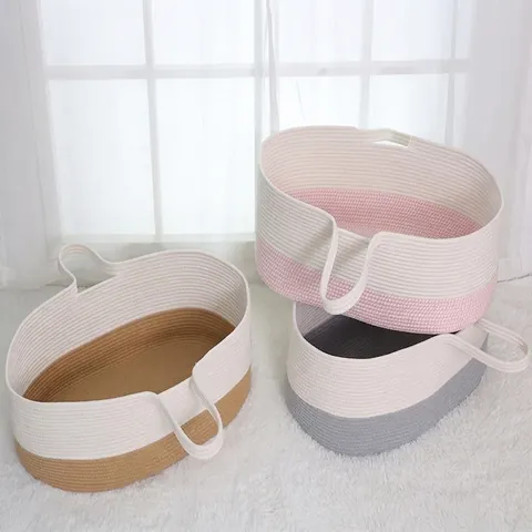 Nordic Portable Handwoven Cotton Rope Baby Moses Basket For Infant Sleeping Outdoor Travel Cartoon Animal Storage Basket Carrycot