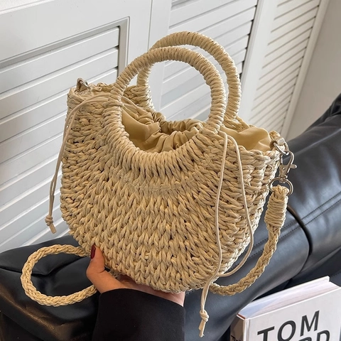 Damen Böhmisch Stroh Gewebte Umhängetasche Sommer Strand Muschelform Handtasche Mit Rundem Griff Kordelzug Futter Urlaub
