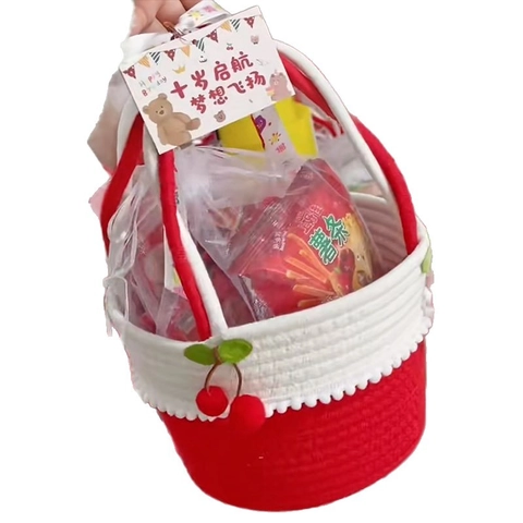 Handgeweven Katoenen Touw Opbergmand Met Kers Pompon Decoratie Draagbare Kleine Handtas Voor Verjaardag Baby Cadeau
