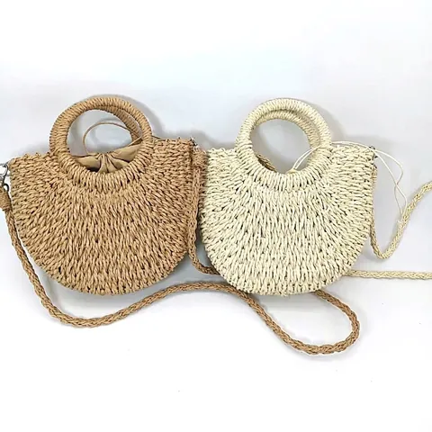 Damen Böhmisch Stroh Gewebte Umhängetasche Sommer Strand Muschelform Handtasche Mit Rundem Griff Kordelzug Futter Urlaub
