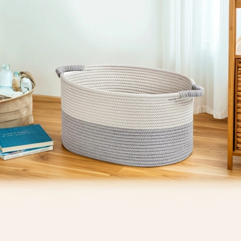 Moderne Katoenen Touw Opbergmand Grote Tweekleurige Wasmand Met Handvaten Voor Speelgoed Kleding Huis Organisatie Grijs Wit