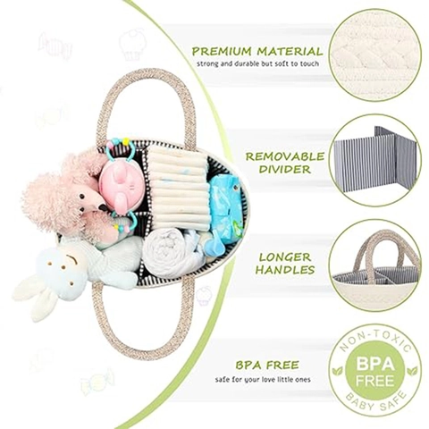 Large Capacity Cotton Rope Woven Baby Diaper Caddy Foldable Nursery Storage Basket For Baby Essentials Portable Tote Handbag