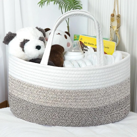 Large Capacity Cotton Rope Woven Baby Diaper Caddy Foldable Nursery Storage Basket For Baby Essentials Portable Tote Handbag