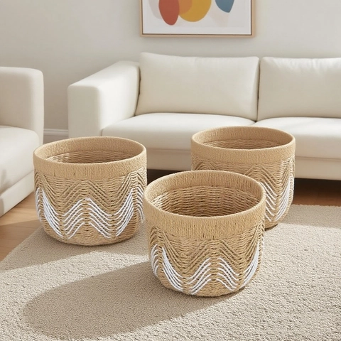Noords Handgemaakt Papier Touw Gevlochten Opbergmand Rond Golfpatroon Organizer Voor Waskamer Speelgoed Woonkamer Decoratie