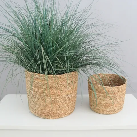 Cesto di Fiori Intrecciato in Paglia Rotonda Nordica Fatto a Mano Fioriera in Fibra Vegetale Naturale Vaso per Piante da Interno Decorazione