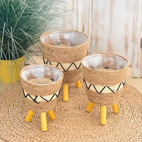 Supporto per Piante in Paglia Intrecciata Nordica Con Gambe in Legno Cesto per Fiori da Terra Fatto a Mano Con Rivestimento Impermeabile