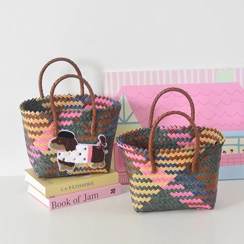 Bolso Tote de Plástico Tejido a Mano para Mujer Niños Parche de Perro de Dibujos Animados Estilo Paja Playa Picnic Bolso