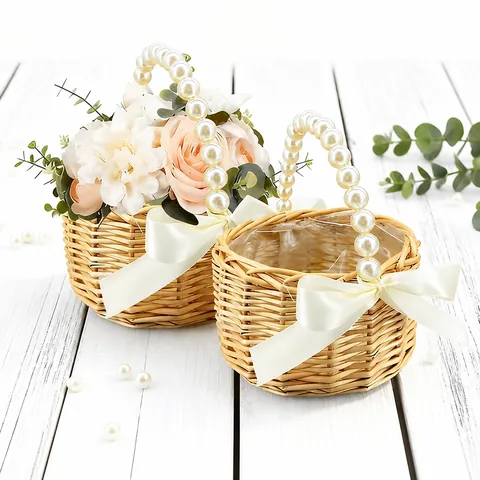 Handmade Willow Woven Flower Basket With Artificial Pearl Handle Satin Ribbon Bow For Wedding Flower Girl Gift Basket Home Storage Decor