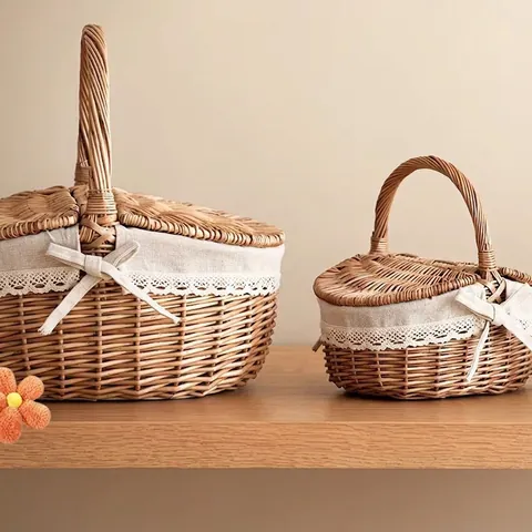 Pastoral Hand-Woven Willow Picnic Basket With Double Cover And Lace Linen Lining Vintage Rural Style Camping Storage Basket