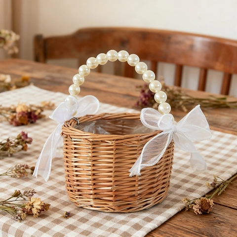 Rustic Willow Woven Flower Girl Basket With Artificial Pearl Handle For Wedding Party Pastoral Small Handheld Gift Basket