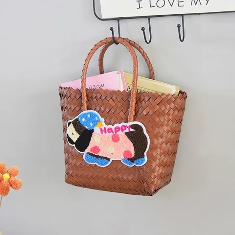 Bolso Tote de Plástico Tejido a Mano para Mujer Niños Parche de Perro de Dibujos Animados Estilo Paja Playa Picnic Bolso