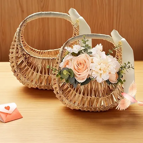Pastoral Handmade Woven Willow Flower Basket With Ribbon Bow For Wedding Flower Girl Gift Basket Home Decoration Accessories