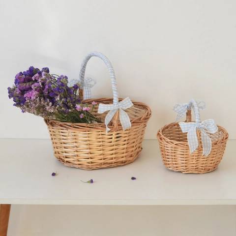 Handgewebter Weiden Picknickkorb Mit Gingham Schleife Natürlicher Weiden Aufbewahrungskorb Für Obst Gemüse Fotografie Requisite