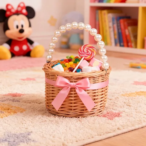 Rustic Willow Woven Flower Girl Basket With Artificial Pearl Handle For Wedding Party Pastoral Small Handheld Gift Basket
