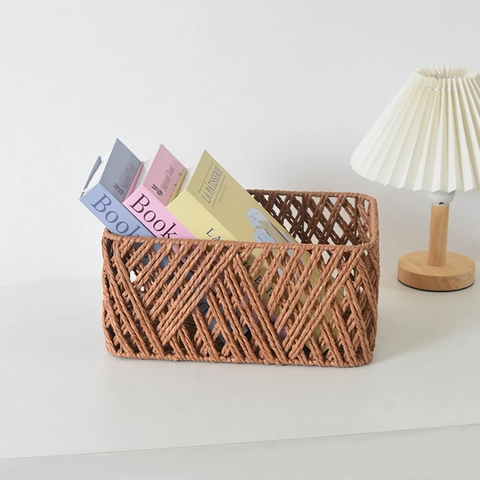 Cesto portaoggetti in Corda di Carta Intrecciato a Mano Vintage Europeo Organizer da Scrivania Rettangolare per Snack Chiavi Soggiorno