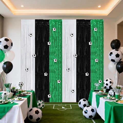 Metallic Foil Soccer Party Rain Curtain Backdrop Football Theme Tinsel Fringe Curtains Green Black White Sports Birthday Event Decorations