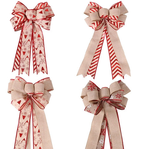 Large Christmas Tree Topper Bow Double Layer Burlap Ribbon Reindeer Snowflake Printed Ornament For Holiday Party Home Decor
