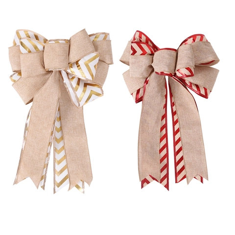 Burlap Christmas Bow Large Red Gold Striped Double Layer Decorative Bow For Christmas Tree Topper Window Home Party Decor