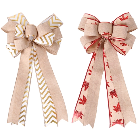 Large Double Layer Christmas Bow Decoration Snowflake Maple Leaf Christmas Tree Pattern Cloth Burlap Style Holiday Ornament