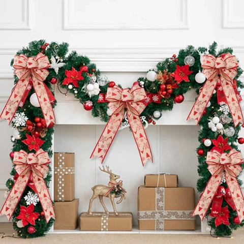 Grande Fiocco Decorativo per Albero di Natale in Iuta Stampata Con Filo Metallico per Decorazioni Appese per Casa e Feste