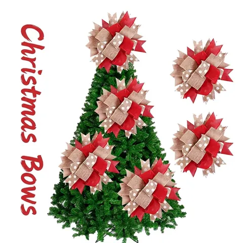 Handmade Christmas Burlap Bow Red Polka Dot Ribbon Decorative Bow For Christmas Tree Party Home Ornament Rustic Style