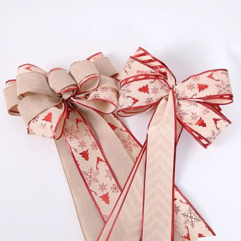Large Christmas Tree Topper Bow Double Layer Burlap Ribbon Reindeer Snowflake Printed Ornament For Holiday Party Home Decor