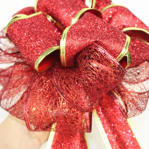 Grande Fiocco di Natale Decorazione Doppio Strato Glitter Fiocco Bordo Dorato Nastro per Albero di Natale Festa Casa Decor