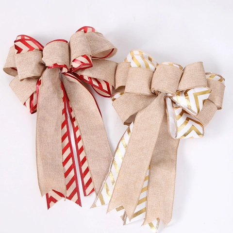 Grandi Fiocchi di Natale in Iuta per Decorazione Albero di Natale Fiocco Decorativo Fatto a Mano Rosso Oro Chevron per Ghiirlanda Casa Parete