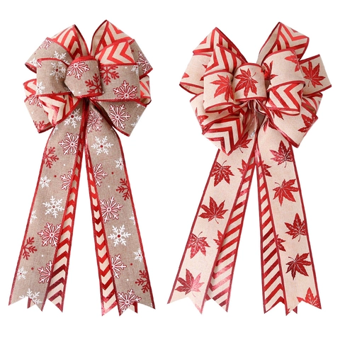 Large Christmas Linen Bow For Christmas Tree Decoration Handmade Snowflake Maple Leaf Pattern Double Layer Festive Party Ornament