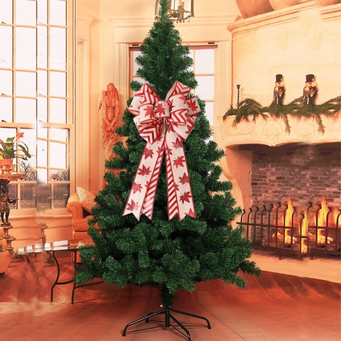 Large Christmas Linen Bow For Christmas Tree Decoration Handmade Snowflake Maple Leaf Pattern Double Layer Festive Party Ornament