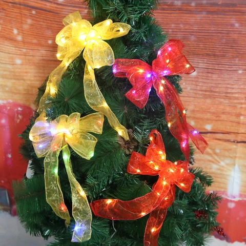 Christmas LED Ribbon Bow Decoration Gold Red Snowflake Printed Mesh Bowknot With Warm Multicolor Light For Xmas Tree