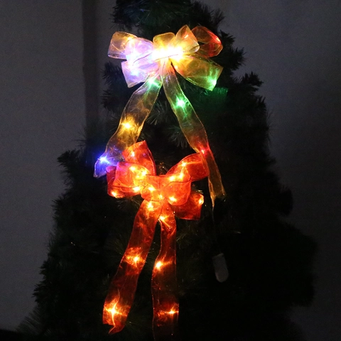 Christmas LED Ribbon Bow Decoration Gold Red Snowflake Printed Mesh Bowknot With Warm Multicolor Light For Xmas Tree