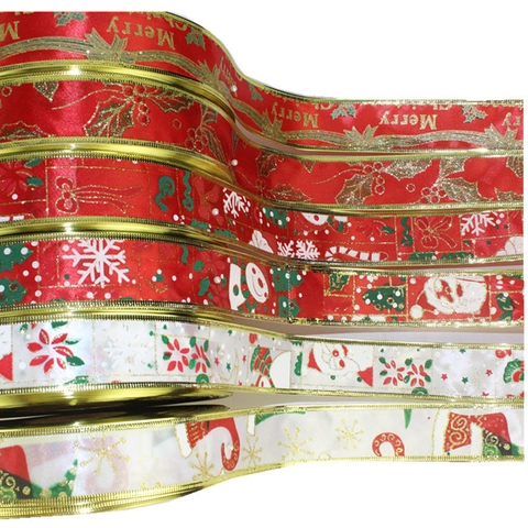 Nastro di Raso Natalizio Stampato Con Bordo Dorato Nastro Decorativo Festivo Per Confezioni Regalo Decorazioni Albero di Natale Casa Festa