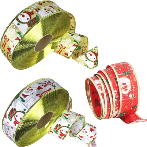 Ruban de Décoration de Noël Motif Père Noël Bonhomme de Neige Bord Doré Élégant Ruban Festif Pour Sapin de Noël Emballage Cadeau