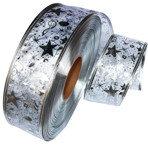 Bronzing Kerstlint Ster Muzieknoot Patroon Glitter Polyester Singelband Voor Cadeauverpakking DIY Boog Decor