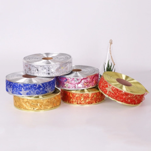Ruban de Noël Bronzage Or Pailleté Étoiles Motifs Ruban en Tissu pour Emballage Cadeau de Noël Fête Décoration de la Maison